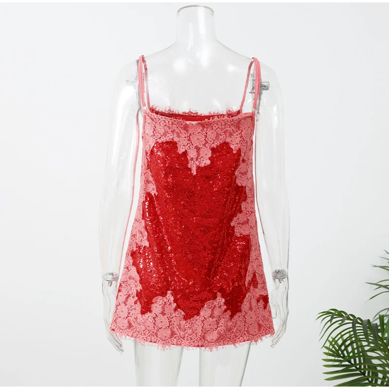 Abito Sexy con Paillettes e Pizzo, Vestito Estivo da Donna con Scollo a V Senza Maniche, Vita Alta, Mini Abito a Bretelle per Vacanze 2026