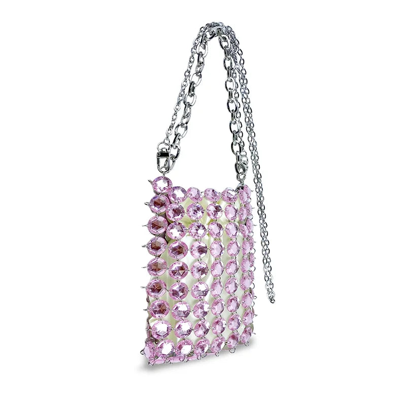 24 estate nuova borsa di cristallo tessuta a mano color caramella di nicchia, borsa di perline di fata retrò, borsa per telefono a croce diagonale trasparente