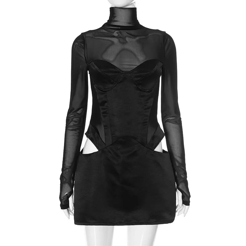 DSMTRC Donna Moda Collo alto Abito Maglia Manica lunga Mini abito Party Evening Club Abiti Sexy Cut-Out Corsetto Abiti aderenti