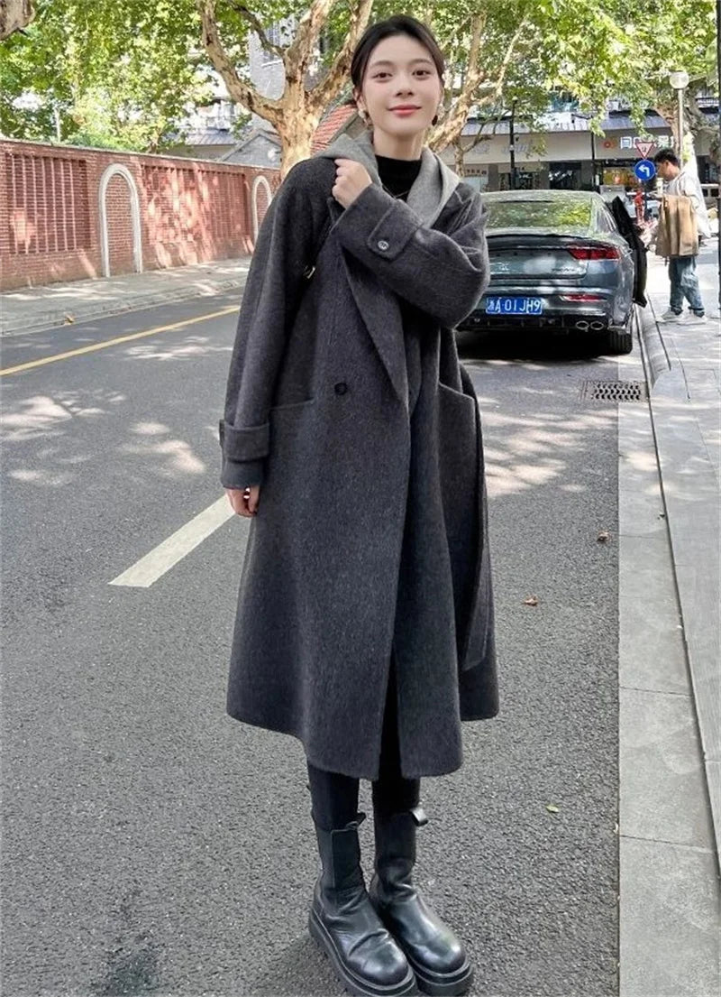 Giacca Invernale da Donna a Maniche Lunghe in Lana, Cappotto Casual di Alta Qualità per l'Autunno, Moda Coreana Femminile, Cappotto in Lana con Cappuccio e Vestibilità Comoda