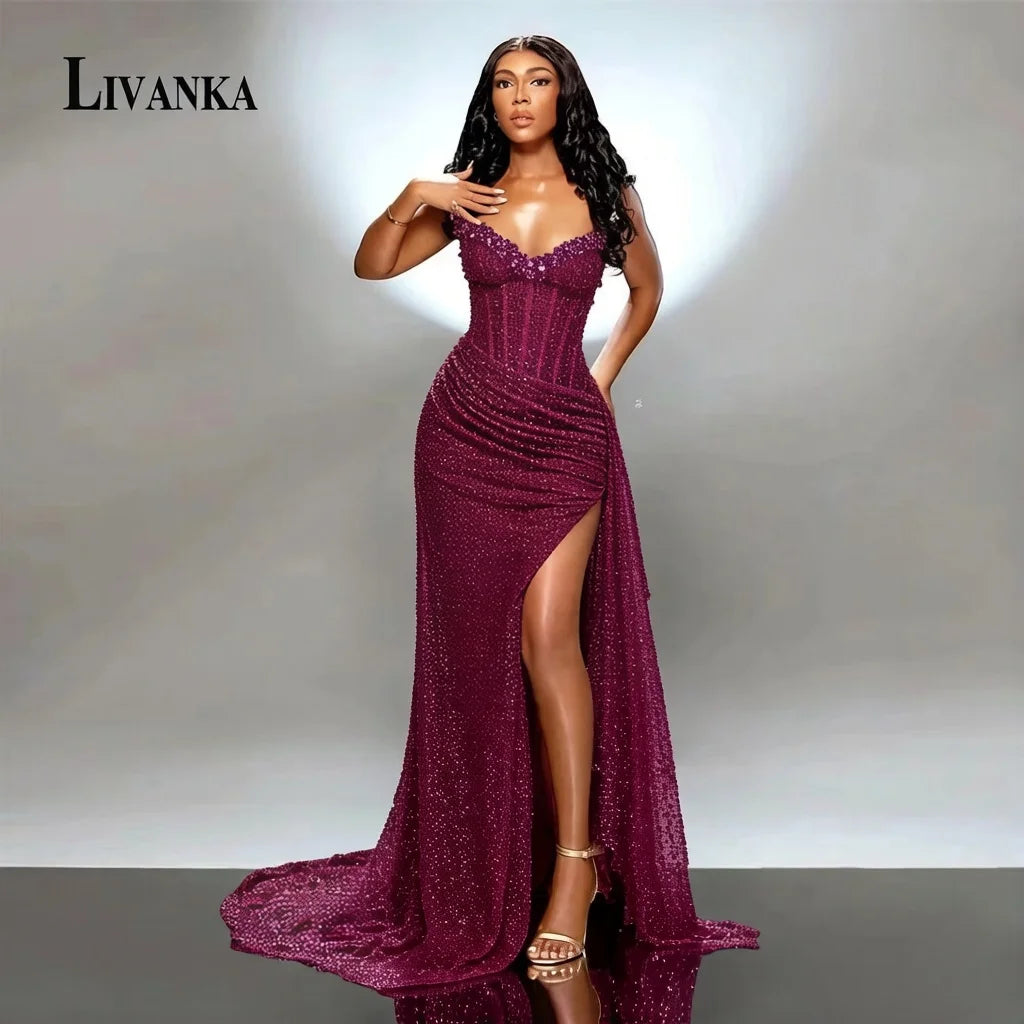 LIVANKA Abiti da sera a sirena con scollo a cuore Abiti da ballo lunghi fino al pavimento con spacco laterale Abiti da festa personalizzati con perline