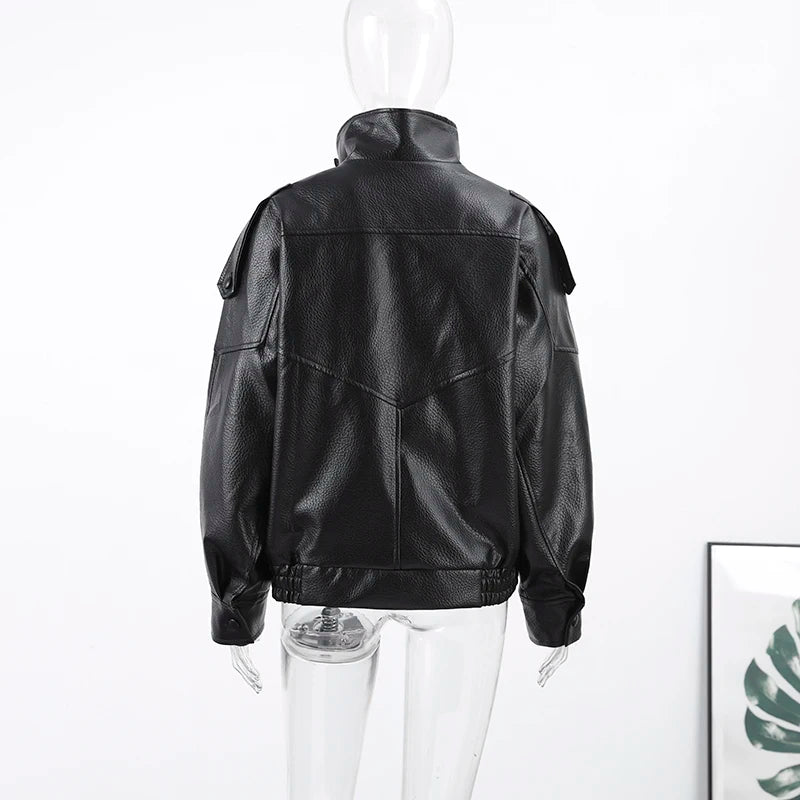 Giacche Corte in Ecopelle Nera alla Moda per Donne, Cappotti Oversize Retrò con Collo Alto e Maniche Lunghe, Abbigliamento Classico da Strada per Autunno e Inverno