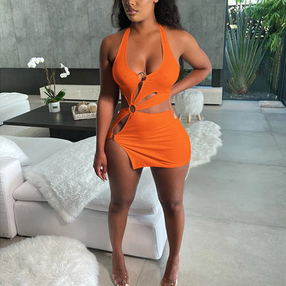 Robes d'été femme 2022, robe moulante sexy mini élastique évidée taille haute, élégante sans manches orange pour club de soirée