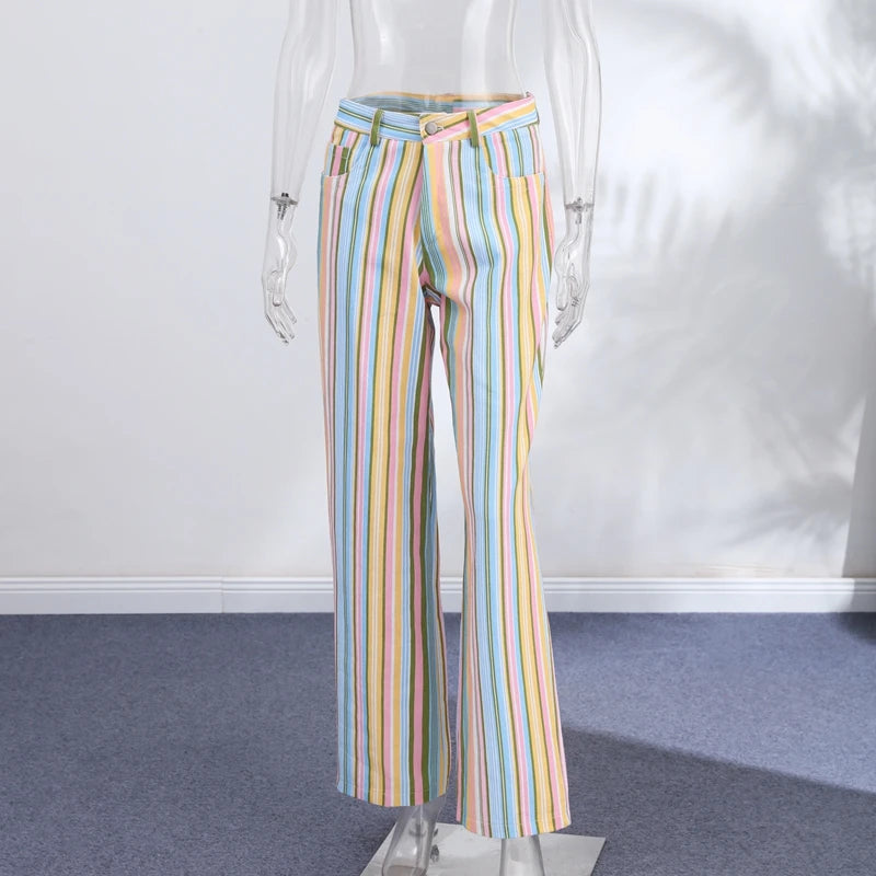 Jeans da Donna a Righe Stile Street Fashion con Cerniera, Bottone e Tasche, Gamba Larga, Pantaloni in Denim Chic Primavera Estate 2026