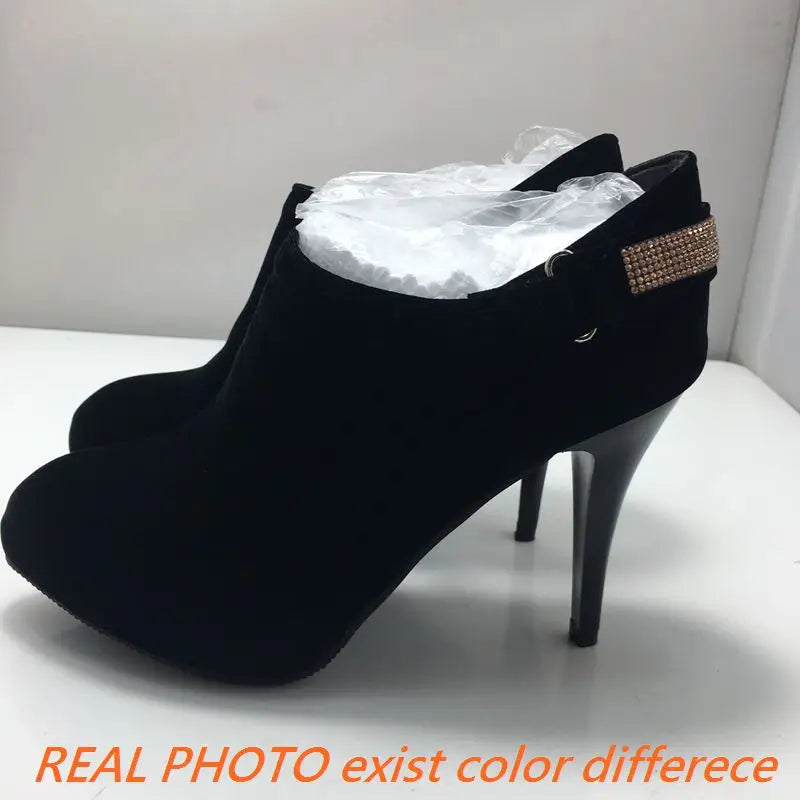 REAVE CAT Ankle Boots Pointed Toe Shoes women Sale Thin Heels Flock Suede Leather Rhinestone Big Size 31-50 Weeding Blue Black