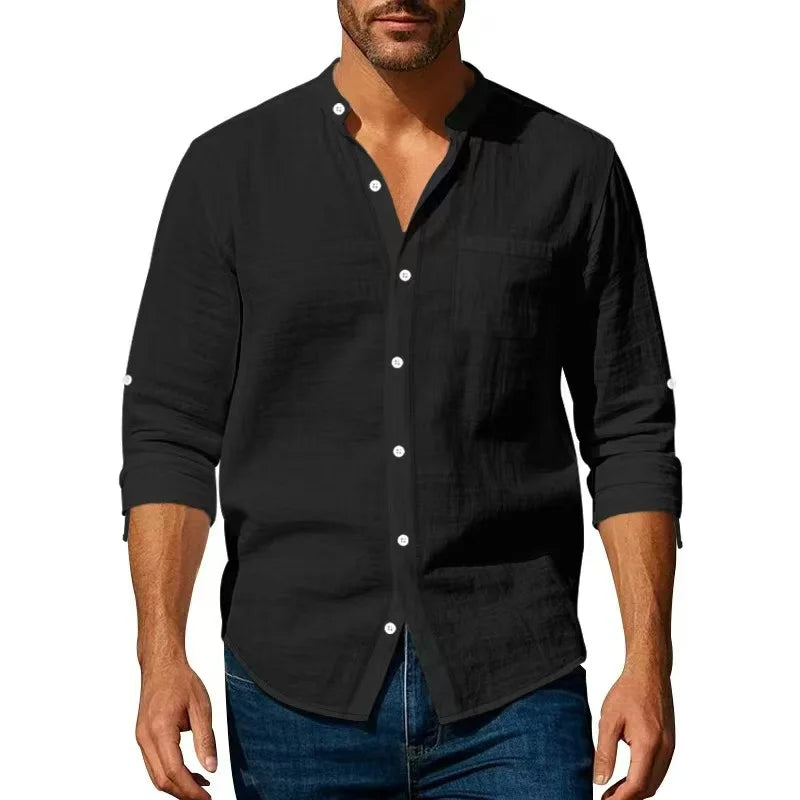 Camicia in cotone e lino da uomo, collo Henley, tinta unita, leggera, traspirante, vestibilità slim, abbottonatura singola, maniche lunghe.