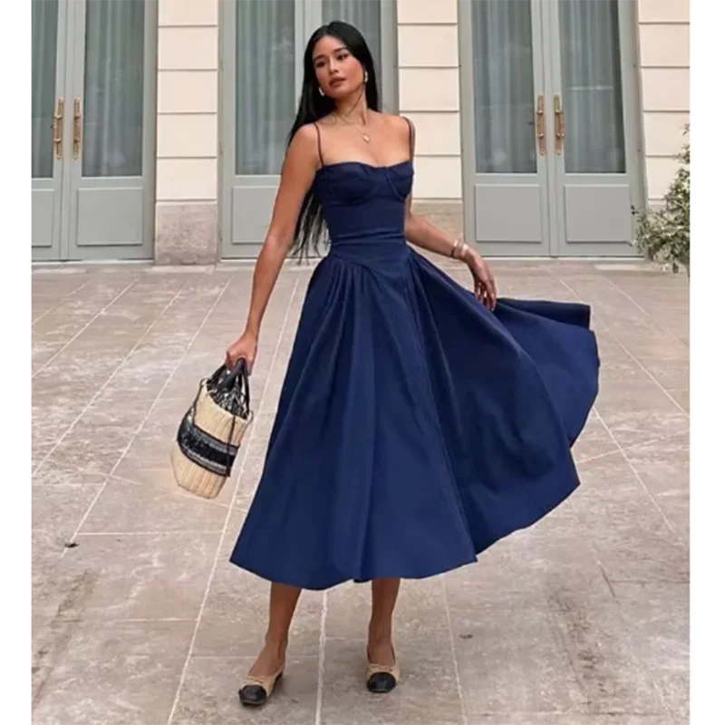 Elegante abito longuette con cinturino per spaghetti da donna Party Slim A Line Solid Bretelle Abiti da donna Nuova moda primavera estate Abiti sexy