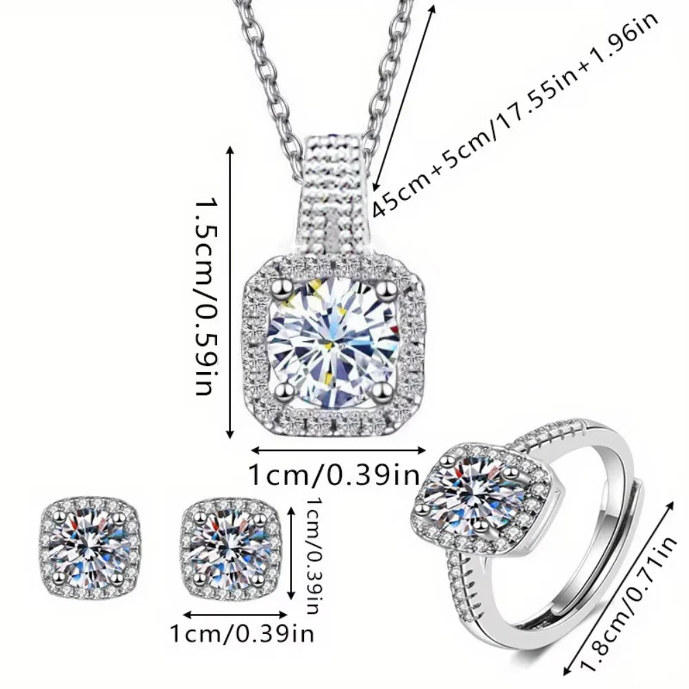 Ensemble 3 pièces de bijoux de luxe brillants géométriques carrés en zircon, collier, boucles d'oreilles et bagues pour femme, parure de bijoux tendance, cadeau d'anniversaire