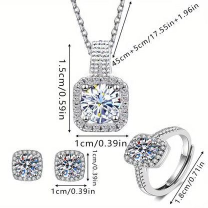 Ensemble 3 pièces de bijoux de luxe brillants géométriques carrés en zircon, collier, boucles d'oreilles et bagues pour femme, parure de bijoux tendance, cadeau d'anniversaire