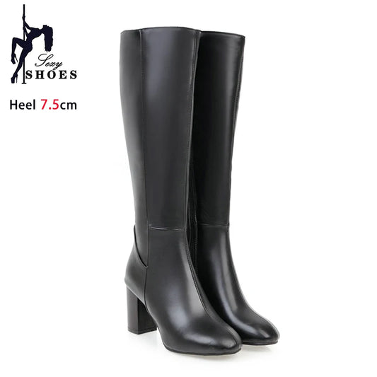 Black Long Boots Women's Fashionable Thick Heels Side Zipper Ladies Shoes Soft PU Leather Knee High Boots Plus Size 43 44 45 46