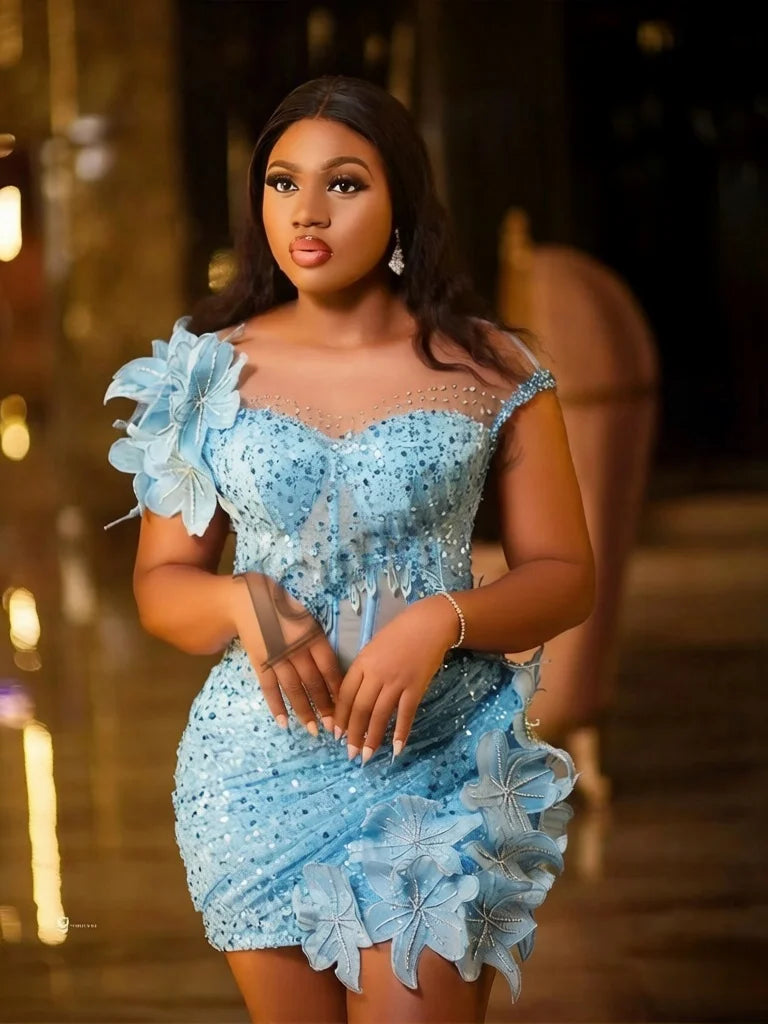 Caroline Bling Paillettes Abiti da ballo per le donne Pieghettato Fiori 3D Dubai Abito da sera formale Vestido De Formatura Personalizzato
