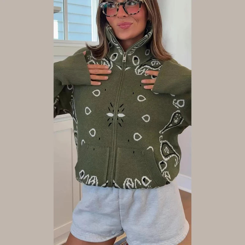 Cardigan da Donna in Maglia Stampata Casual, Maniche Lunghe, Cerniere, Colletto Alto, Tasche, Cappotti Autunno 2026, Abbigliamento Femminile Chic da Strada