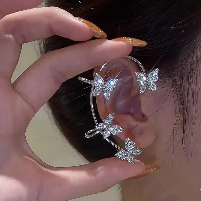 Orecchini a Clip a farfalla con foglia di metallo placcato argento per orecchini da donna senza Piercing gioielli di moda con polsino dell'orecchio in zircone scintillante