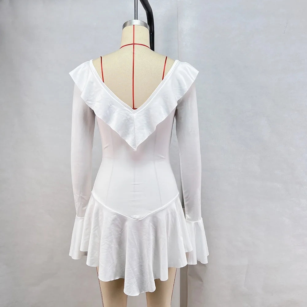 Abito corto sexy con volant patchwork bianco nero Abito corto da donna con maniche lunghe svasate con lacci Mini abiti da festa da sera Donna Blu Rosa Rosso