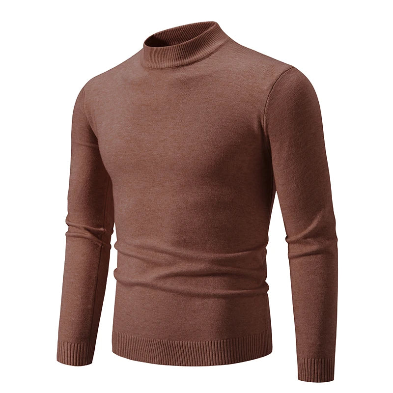 Autunno nuovo maglione da uomo mezzo collo alto basic tinta unita casual versatile girocollo lavorato a maglia con maglione elastico slim fit all'interno