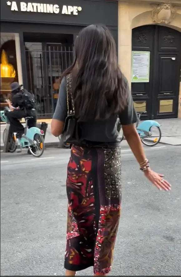 Gonna midi avvolgente da donna con stampa boho, in raso, a vita alta, con spacco, ampia e lunga, nuova collezione estate 2026, abbigliamento da strada per le vacanze.
