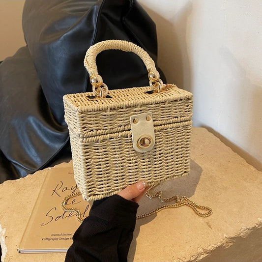 Borsa a tracolla in paglia di rattan Borsa a tracolla intrecciata a mano da donna Borsa a tracolla in paglia con scatola quadrata da spiaggia estiva per signora Bolsa Feminina