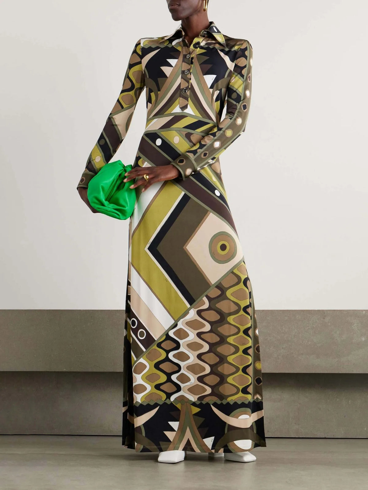 Donne eleganti autunno inverno stampa geometrica posizionamento bavero abito slim fit abiti maxi da festa con spacco a maniche lunghe alla moda