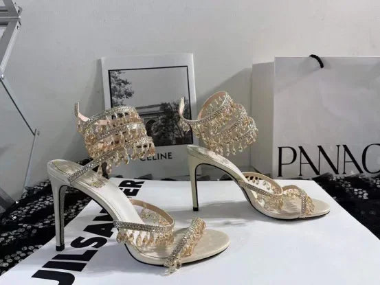 Newest Rhinestone Serpentine Sandals Women Shoes Open Toe Solid Hollow Stiletto Heel Sandal Slip On Summer Party Dress Sexy Shoe