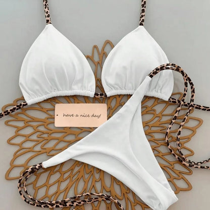 Sexy Bikini Women's Swimsuit Strap Halter Neck Triangle Cup Beachwear Pure Color Cheeky Two Piece Swimsuits Bathing Swimwear