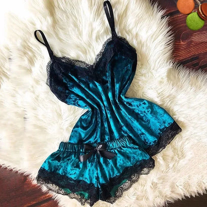 Summer Lace Sleepwear Sexy Satin Pajamas Set Women Nightshirt 2 Pieces Crop Tops and Shorts Set Homewear Loungewear