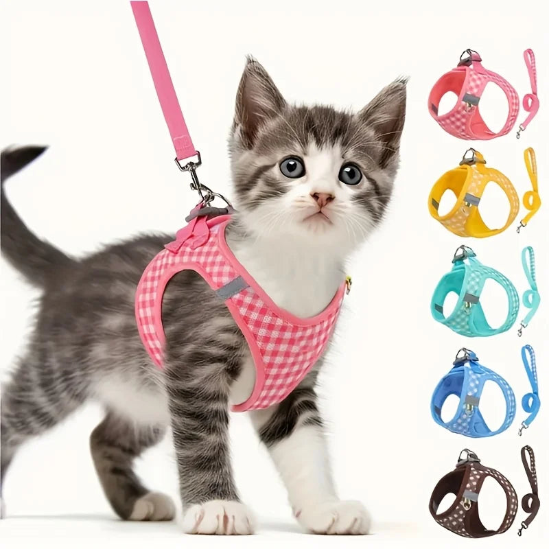 Tuta per gatti, Tessuto traspirante con motivo scozzese, Accessori metallici durevoli con strisce riflettenti, Lavabile a mano, Fibra di poliestere, Adatto per la maggior parte dei gatti, Forniture per animali Accessori per g