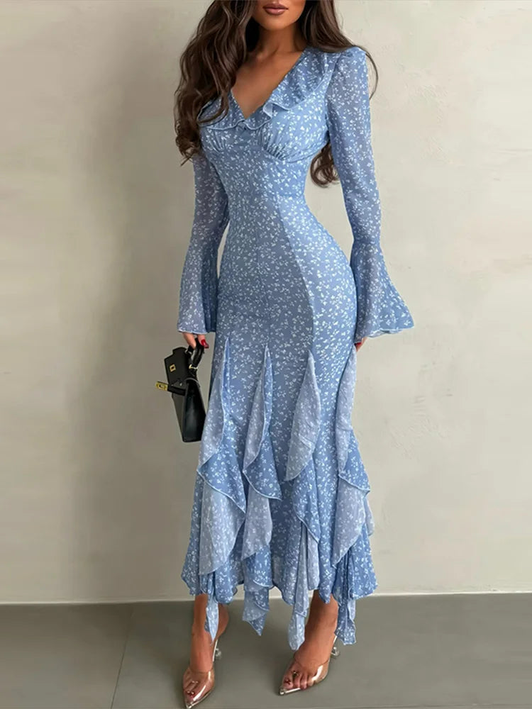 Abito Lungo da Donna con Stampa, Scollo a V, Maniche a Campana, Bordo a Foglia di Loto, Vita Alta, Vestito Maxi Aderente, Elegante Abito da Sera per Feste