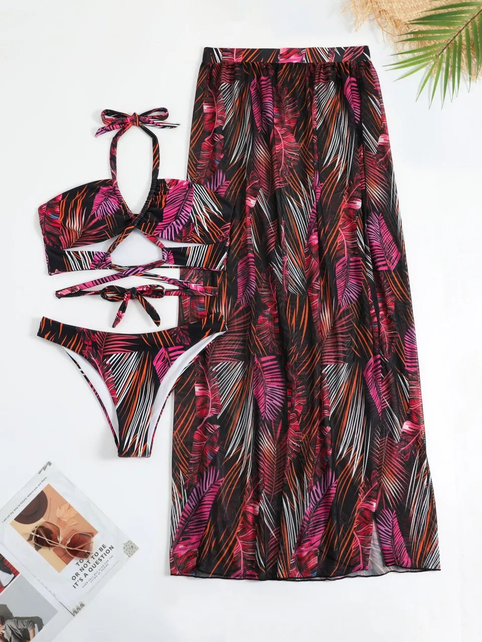 3 Pieces Print Cross Bikini 2025 Women Sexy Halter Swimsuit & Cover Up Beach Dress Swimwear Bathers Bathing Swimming Suit Summer
