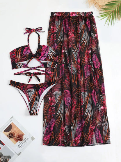 3 Pieces Print Cross Bikini 2025 Women Sexy Halter Swimsuit & Cover Up Beach Dress Swimwear Bathers Bathing Swimming Suit Summer