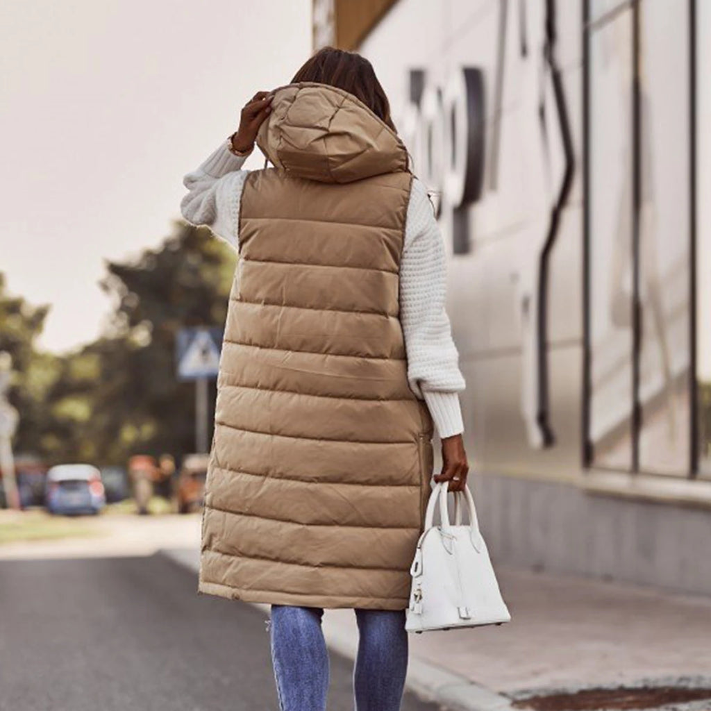 Gilet lungo da donna con cappuccio autunno inverno senza maniche in cotone caldo piumino gilet trapuntato piumino Outwear 2XL