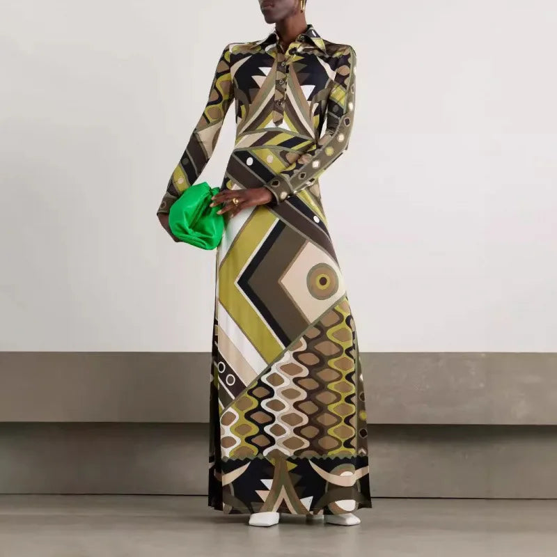 Donne eleganti autunno inverno stampa geometrica posizionamento bavero abito slim fit abiti maxi da festa con spacco a maniche lunghe alla moda