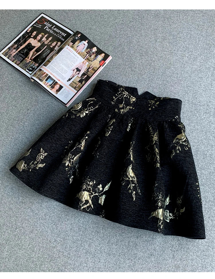 Gonna jacquard oro nero Gonna a trapezio slim fit a vita alta Primavera Estate Nuova gonna corta Gonna da ufficio squisita alla moda