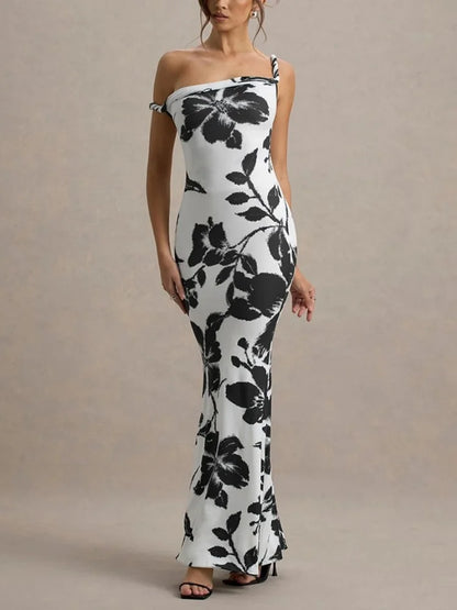 Summer Sexy Print Off-Shoulder Evening Dress Fashion Women Elegant Slim Fit Long Dresses