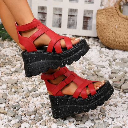 Sandali da donna Sandali da donna con plateau in pelle moda estiva Sandali gladiatore con tacco alto da donna Scarpe da donna con zeppa robuste per esterni