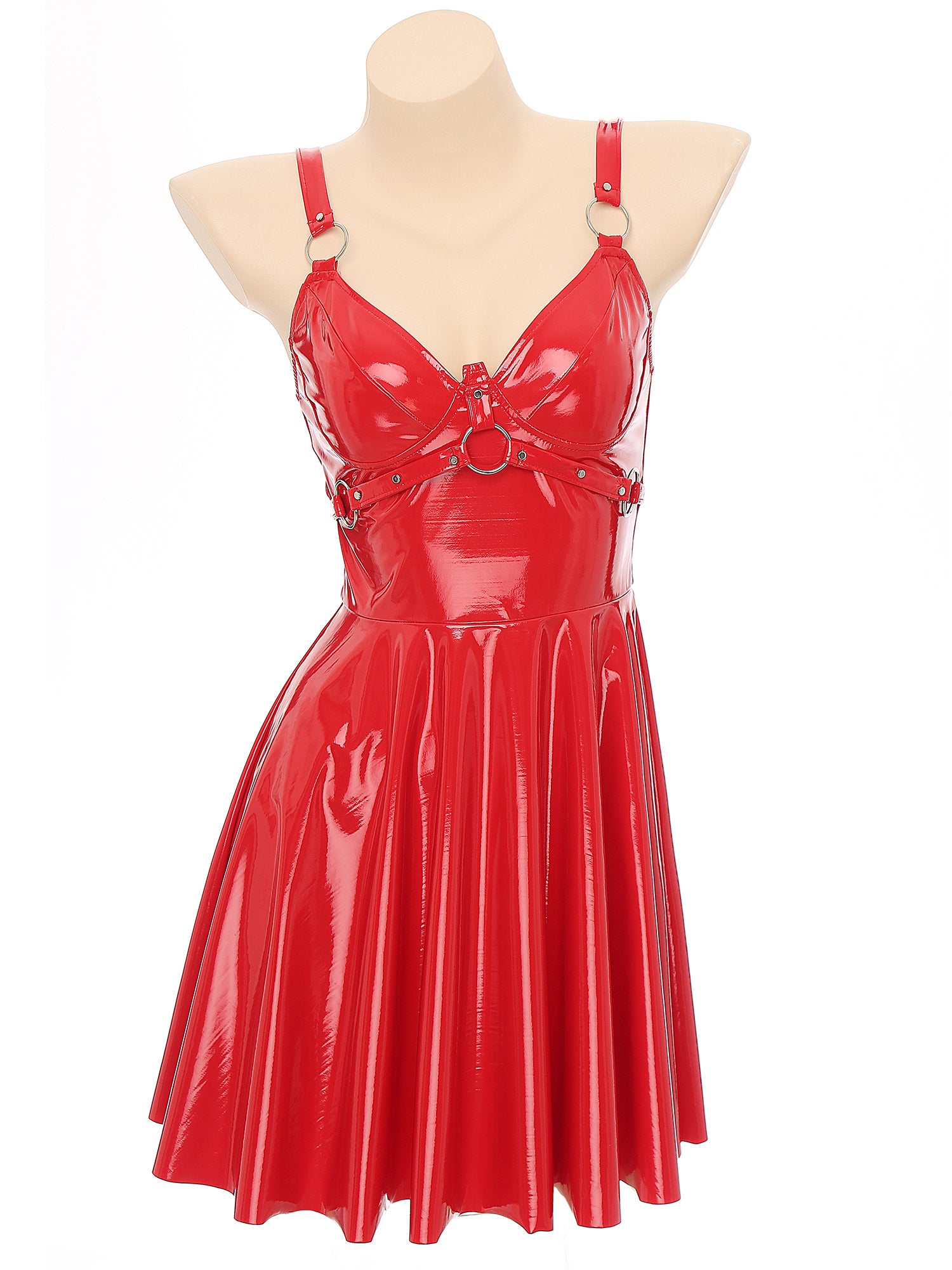 Abito sottoveste in pelle verniciata Sexy effetto bagnato da donna O-Ring rivetti con spalline scollo a V Punk gotico a-line Mini abiti Rave Party Clubwear
