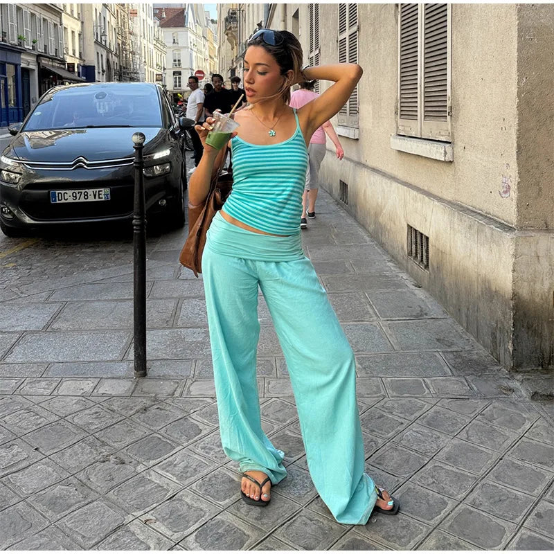 Pantaloni Lunghi a Gamba Larga con Vita Elastica per Donna, Tessuto Elasticizzato, Nuova Collezione 2026, Outfit Casual Estivo da Donna per Uso Quotidiano e Street Style