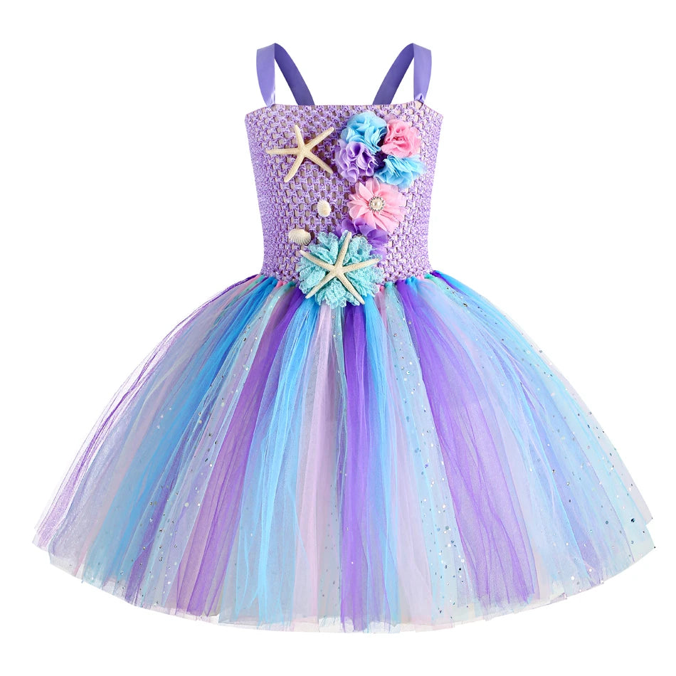 Abito tutù a sirena per ragazze sotto il mare Costumi di carnevale per feste di compleanno a tema con fascia per fiori Abiti per Halloween oceano 1-12 anni