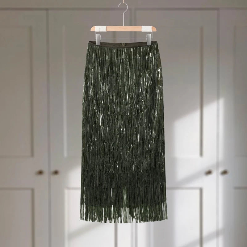 Gonna lunga da donna con perline e nappe, a vita alta, ampia, a trapezio, autunno inverno 2026, abbigliamento da festa Y2k