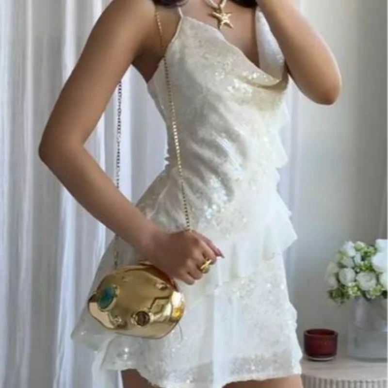 Sexy paillettes volant mini abito fionda donna solido scollo a V senza maniche backless abiti a trapezio 2025 estate signora chic abiti da festa