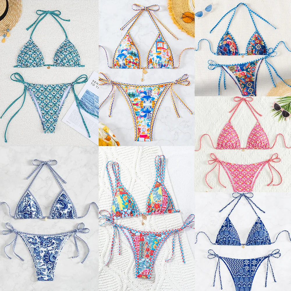 "2026 Neuer Triangel-Bikini-Set – Push-Up-Badeanzug mit Blumenmuster & brasilianischer Schnitt"