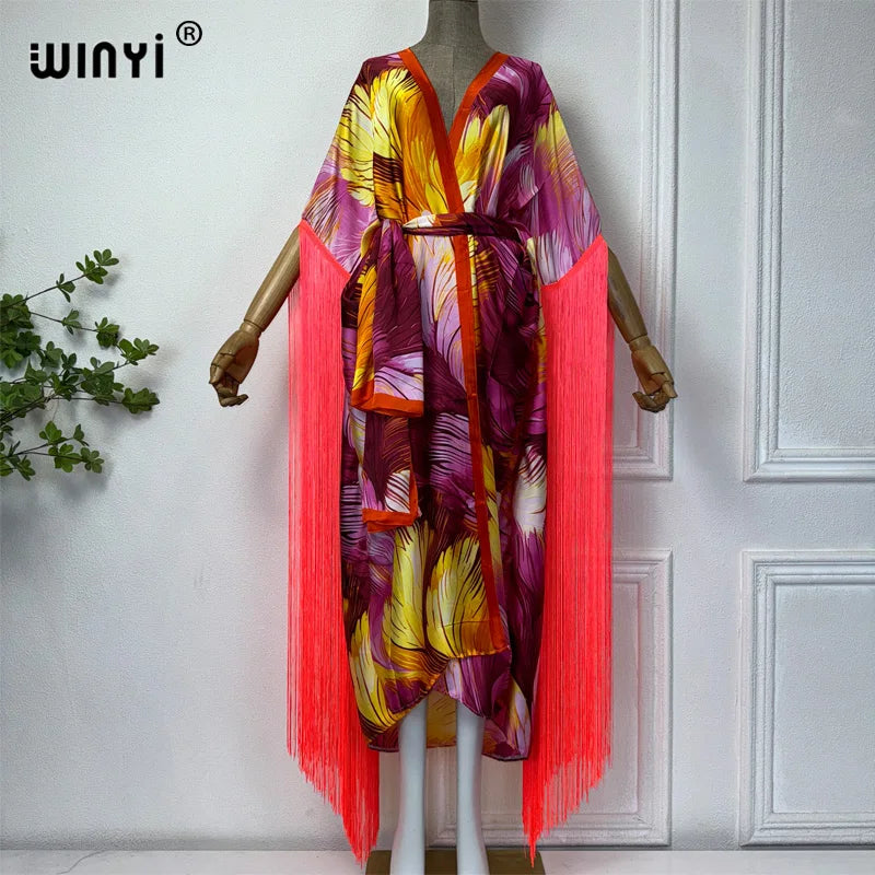 WINYI summer kimono boho summer dress beachwear bohemian print Bikini Cover-up Cardigan sexy Holiday long Sleeve tassels dress
