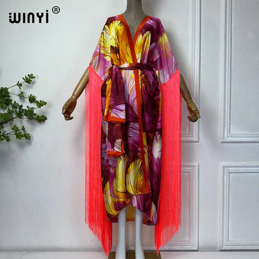 WINYI Sommer Kimono Boho Sommerkleid Strandkleidung Bohemian Print Bikini Cover-up Cardigan sexy Urlaub Langarm Quasten Kleid