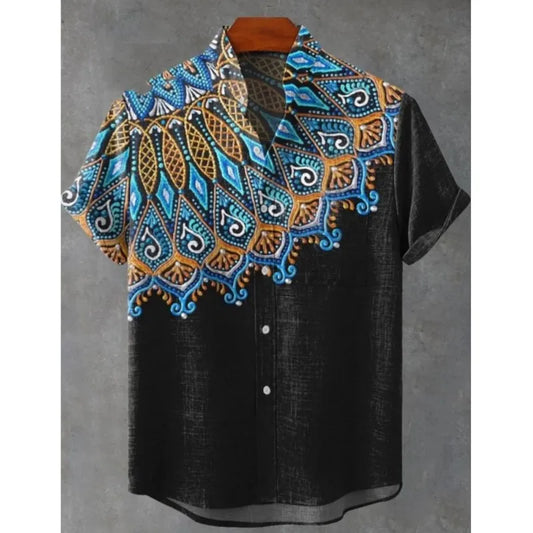2025 Camicia a maniche corte con motivo floreale mandala da uomo Camicia estiva vintage nuova in lino Manica corta da uomo per il tempo libero Vacanza Streetwea