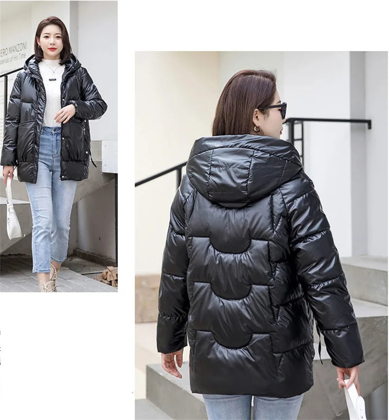 Nuova Giacca Invernale 2026 per Donna, Parka Lucido Imbottito in Cotone, Giacca Femminile Tinta Unita, Cappotto Caldo con Cappuccio