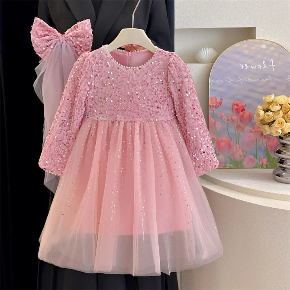 Abiti da ragazza Moda autunnale Nuova maglia patchwork con paillettes Abito da principessa a maniche lunghe Tinta unita Abbigliamento per bambini di Capodanno