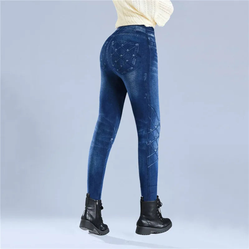 Leggins in finto denim Pantaloni in jeans finti in pile Push Up Elastico a vita alta Leggings da donna Pantaloni sportivi Pantaloni a matita in peluche caldi