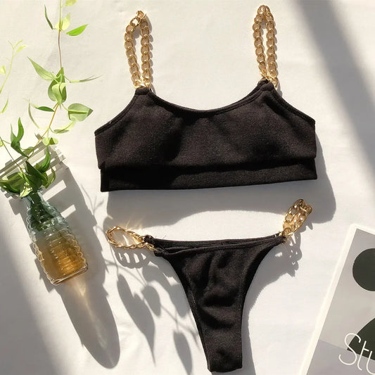 Micro Bikini Sexy 2026 Nero Solido con Reggiseno Push-Up e Cinghie Metalliche, Costume da Bagno Brasiliano, Perizoma, Biquini