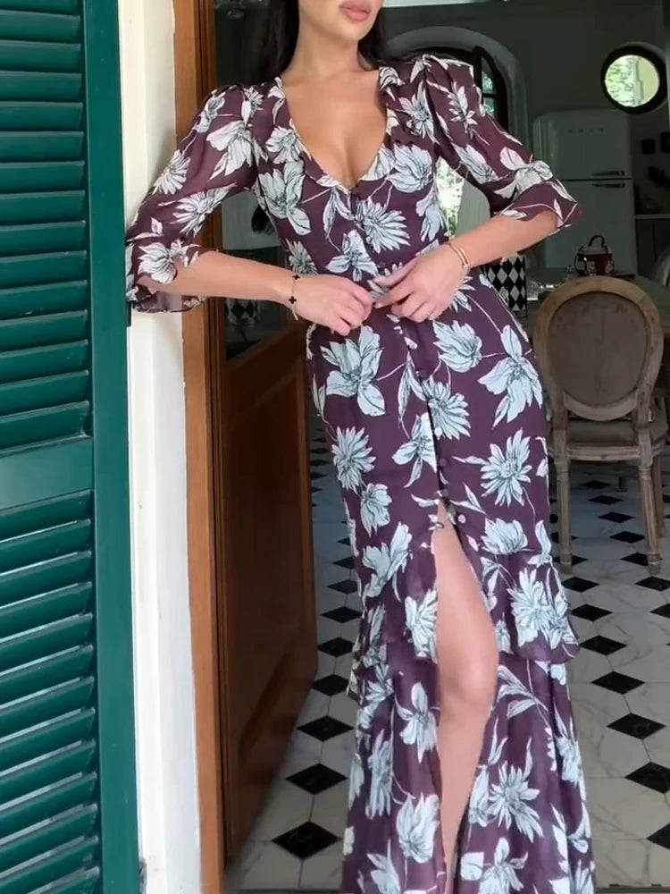 Elegante Abito Stampato con Inserti in Pizzo da Donna, Scollo a V Profondo, Mezza Manica, Vita Stretta, Spacco, Vestito Midi 2026, Abito da Festa per Donna