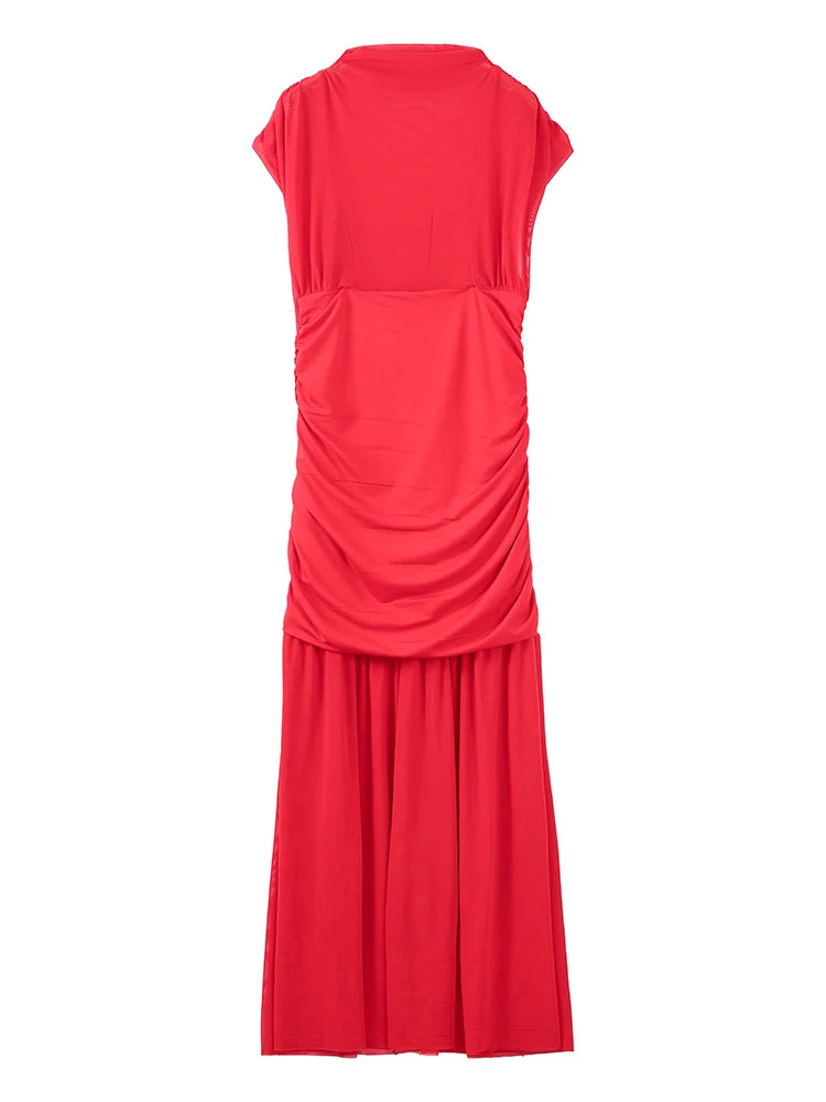 Maglia sexy vedere attraverso lungo abito rosso senza maniche piega patchwork a-line maxi abiti da festa femminile 2025 estate signora abiti slim