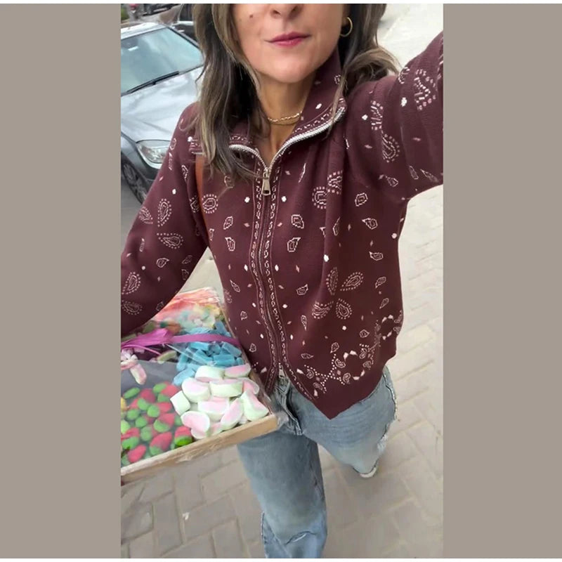 Cardigan da Donna Vintage con Motivo Paisley Jacquard, Collo Alto, Chiusura a Zip, Maglione Lavorato a Maglia, Nuovo Abbigliamento Casual Elegante per l'Inverno 2026